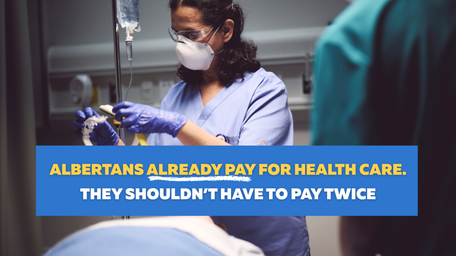 An image of a respiratory therapist intubating a patiend, with text on the image that says "Albertans already pay for health care. They shouldn't have to pay twice."