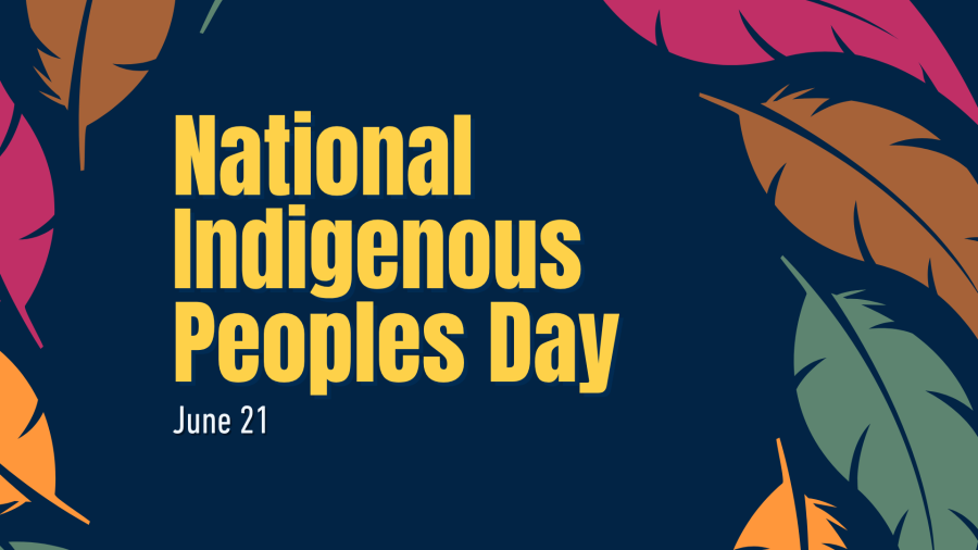 A navy backgound with coloured feather graphics on the edge and text that reads "National Indigenous Peoples Day June 21"