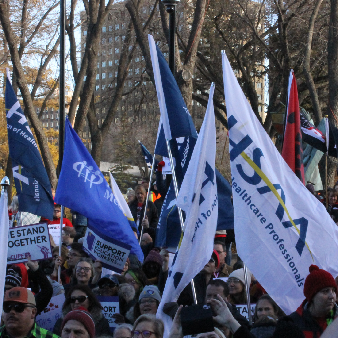 HSAA flags in a rally crowd among other signs and flags.