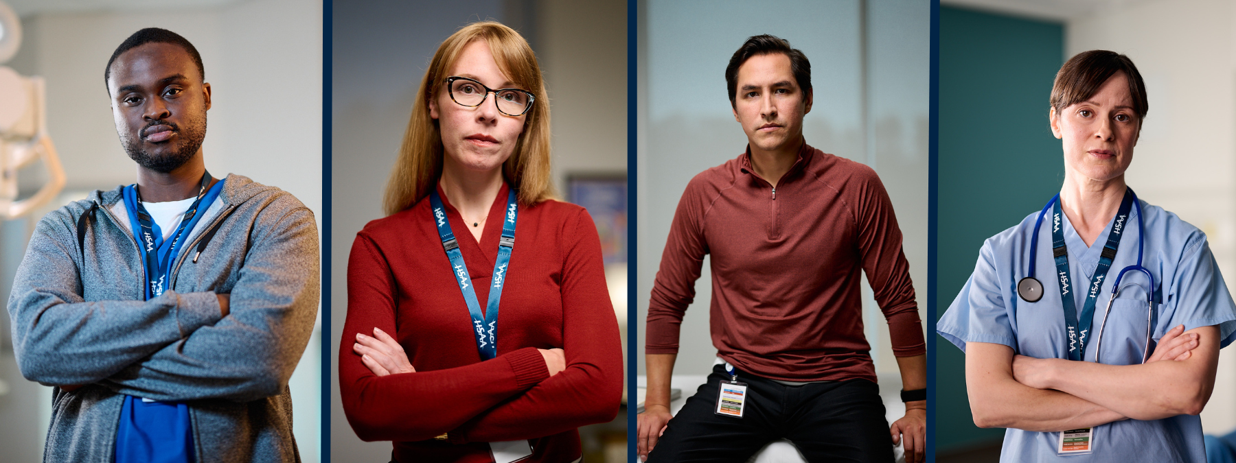 Four side-by-side portrait shots of health-care workers of different genders and backgrounds, with serious expressions and stances.