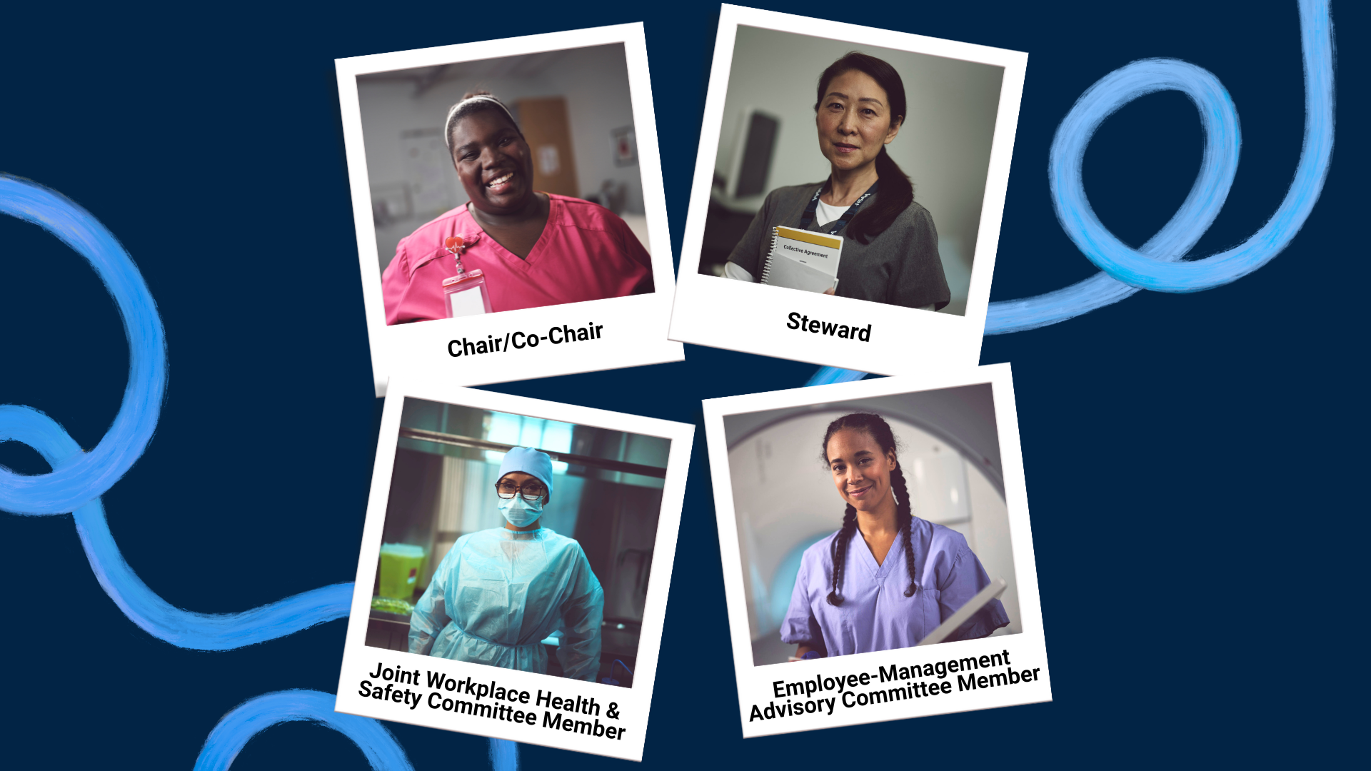 A navy background with a light blue marker swirl with four polaroid images on top. The polaroid images depict smiling health care workers and with text on the white spaces that lists one role: Chair/Co-Chair, Steward, Joint Workplace Health and Safety Committee Member and Employee-Management Advisory Committee Member.