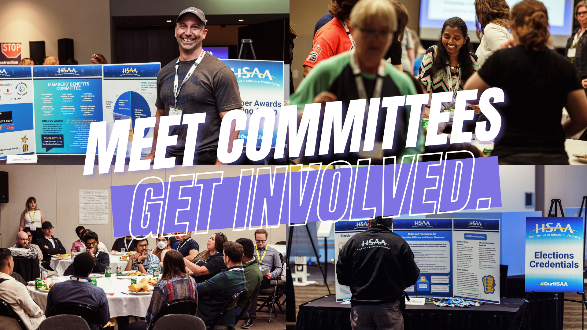 A grid of four images showing the various ways people interact with committee booths and tables at Convention, with text overtop that reads "Meet Committees. Ask. Learn. Get Involved."