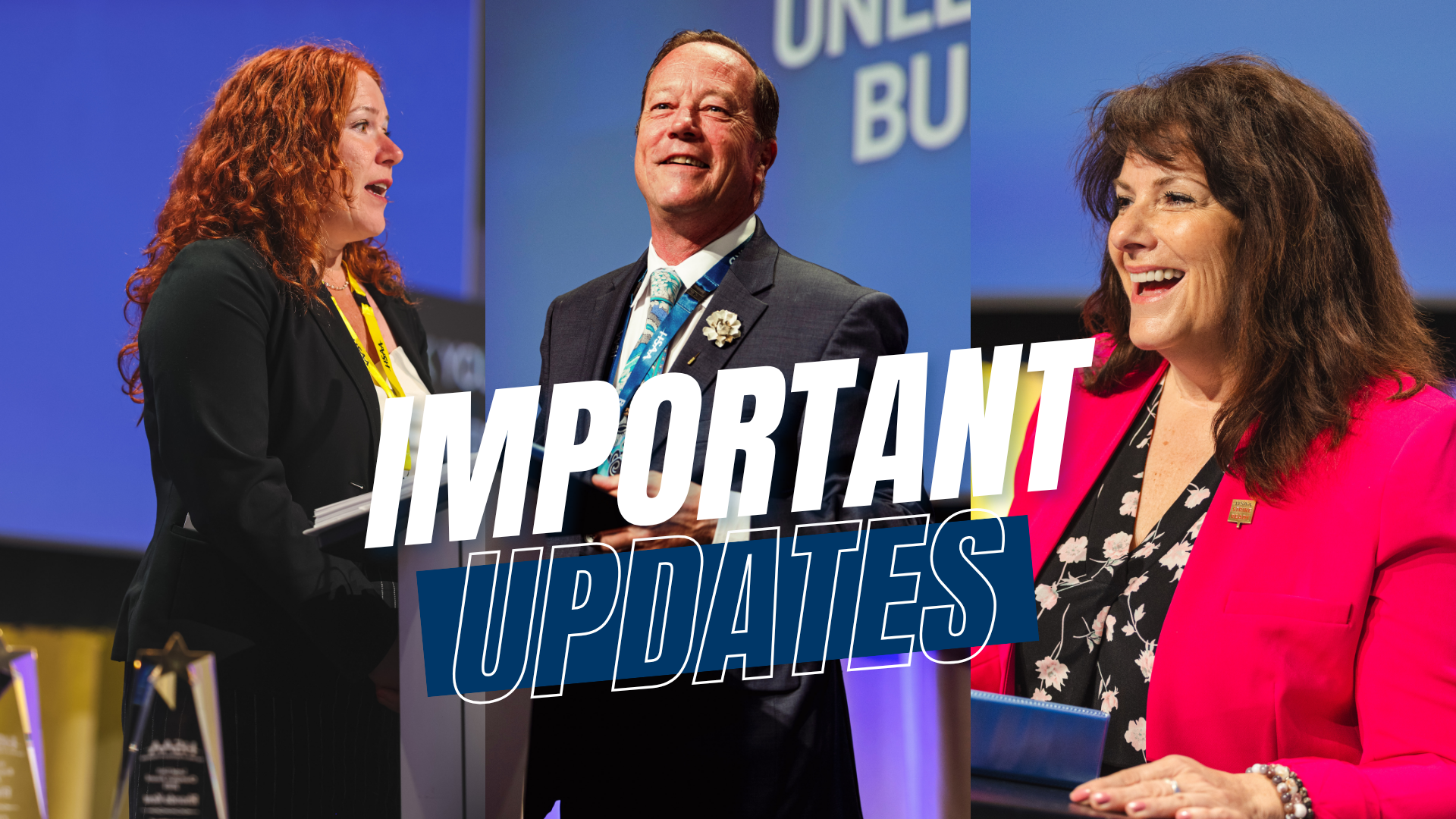 Three portait panels of Christine deMontigny, Mike Parker and Leanne Alfaro with text overtop that says "Important Updates"