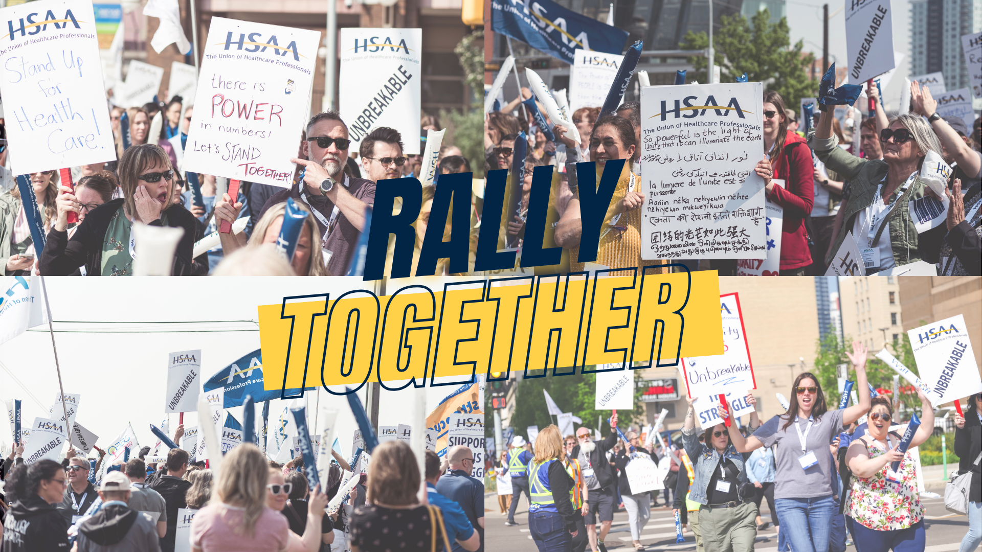 A grid of four images of crowds rallying with HSAA picket signs, with text over top that reads "Rally Together."