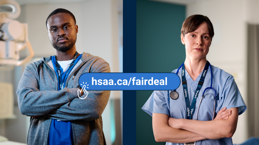 Two portrait shots of health-care workers side-by-side, a black man and a white woman, both with arms crossed and serious expressions.
